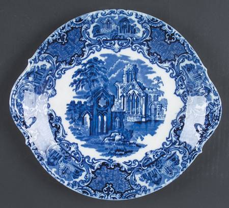 Abbey (Transferware, Scalloped) Handled Cake Plate
