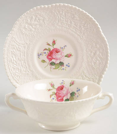 Birbeck Rose Pink Footed Cream Soup Bowl & Saucer Set
