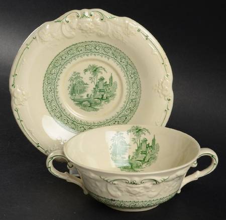 Genoa Green Flat Cream Soup Bowl & Saucer Set