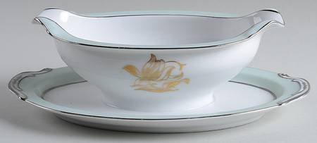 775 (Mint Green Border) Gravy Boat with Attached Underplate