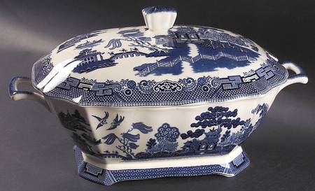 Willow Blue (Black & Blue Backstamps, Older) Rectangular Tureen & Lid