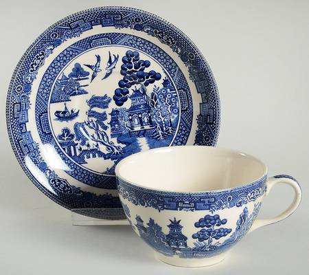 Willow Blue (Black & Blue Backstamps, Older) Flat Cup & Saucer Set