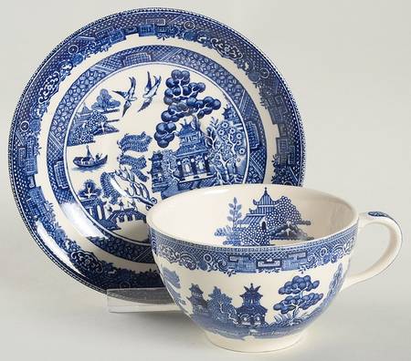 Willow Blue (Black & Blue Backstamps, Older) Flat Cup & Saucer Set