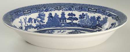 Willow Blue (Black & Blue Backstamps, Older) 10" Oval Vegetable Bowl