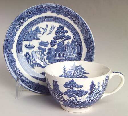 Willow Blue (Black & Blue Backstamps, Older) Flat Cup & Saucer Set