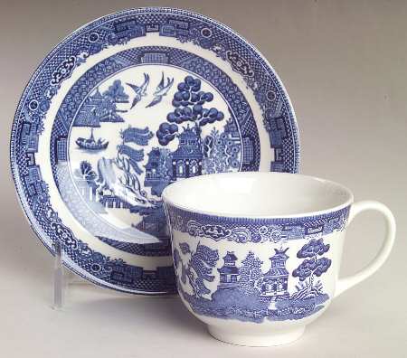 Willow Blue (Black & Blue Backstamps, Older) Flat Cup & Saucer Set