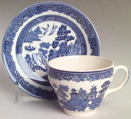 Willow Blue (Black & Blue Backstamps, Older) Flat Cup & Saucer Set