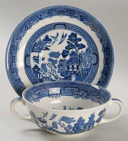 Willow Blue (Black & Blue Backstamps, Older) Flat Cream Soup Bowl & Saucer Set