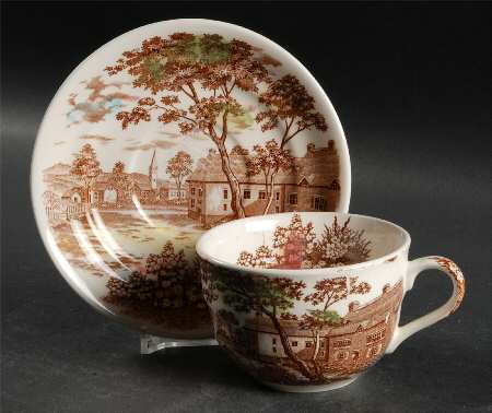 English Village (Brown Multicolor) Flat Cup & Saucer Set