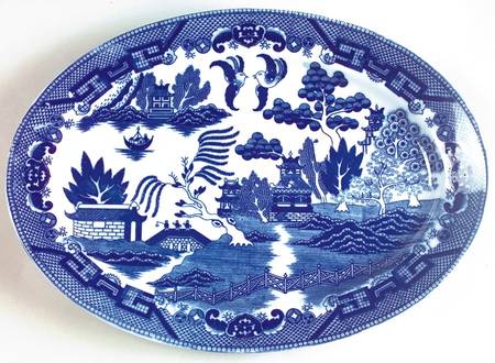 Blue Willow Flow Blue 12" Oval Serving Platter by Japan