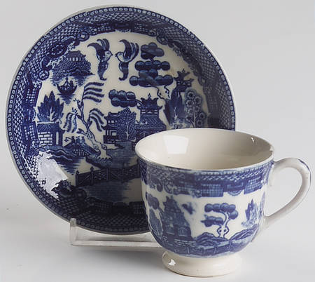 Blue Willow Flow Blue Footed Demitasse Cup & Saucer Set