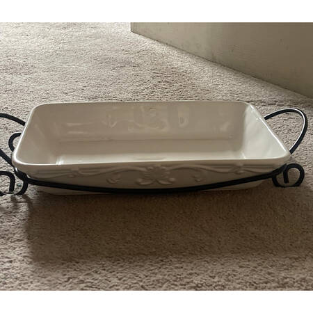 Vintage Ivory (Creamy White) 12" Rectangular Baker W/Metal Stand