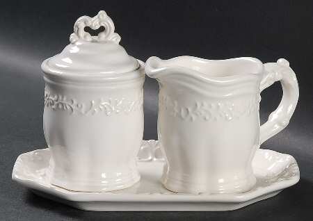 Vintage Ivory (Creamy White) Creamer & Sugar with Lid & Tray Set