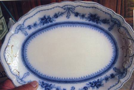 Glenwood (Flow Blue, Gold Trim) 12" Oval Serving Platter