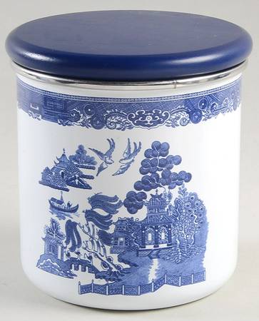 Willow Blue ("England 1883" Backstamp, China) Small Metal Canister & Wood Lid