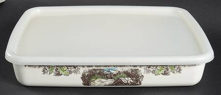 The Friendly Village ("England 1883" Backstamp) 2 Quart Metal Rectangular Baker with Plastic Lid