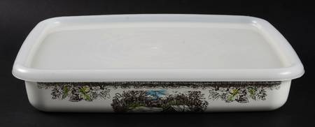 The Friendly Village ("England 1883" Backstamp) 10" Rectangular Metal Baker W/Plastic Lid