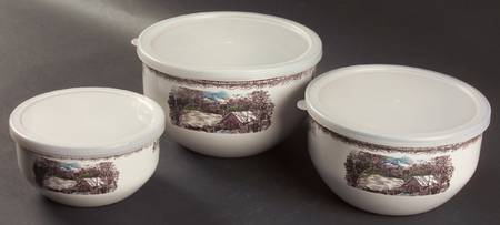 The Friendly Village ("England 1883" Backstamp) 3 Pc Metal Bowl & Plastic Lid (5 3/4", 7", 7 3/4")