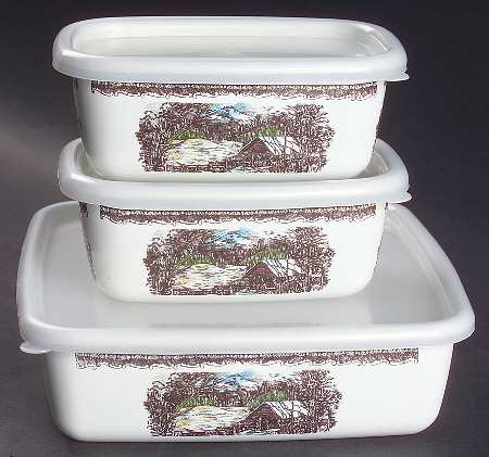 The Friendly Village ("England 1883" Backstamp) Metal Baker with Plastic Lid - Set of 3