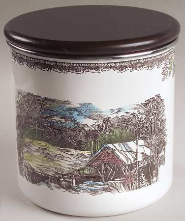 The Friendly Village ("England 1883" Backstamp) Large Metal Canister & Wood Lid