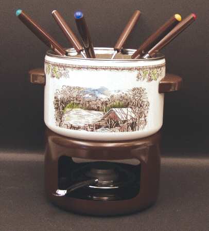 The Friendly Village ("England 1883" Backstamp) (10 Pc) Metal Fondue(Pot, 6forks,Stand,Burner,Lid)