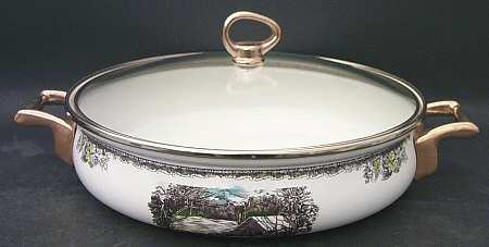 The Friendly Village ("England 1883" Backstamp) 2.5 Qt Metal 2 Handled Server & Lid
