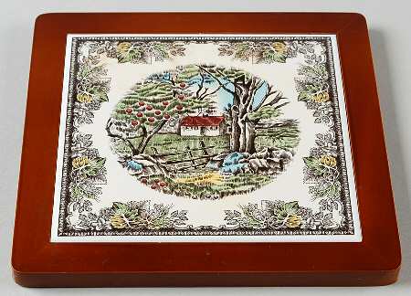 The Friendly Village ("England 1883" Backstamp) Wood Frame Trivet