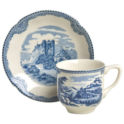 Old Britain Castles Blue (England 1883 Stamp) Flat Demitasse Cup & Saucer Set