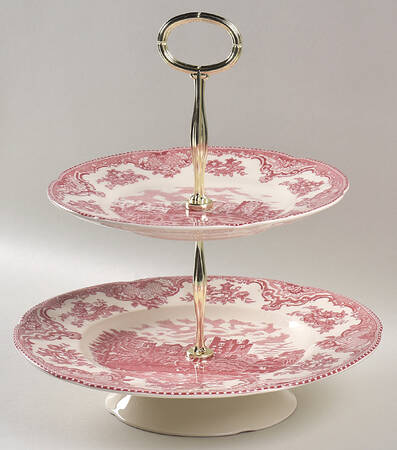 Old Britain Castles Pink (England 1883 Stamp) 11 1/4"  2 Tier Footed Serving Tray (DP,SP,FR) HC