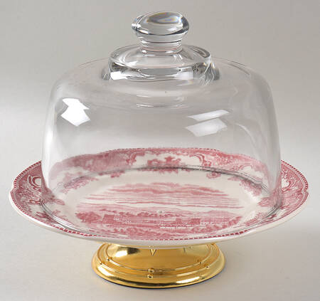 Old Britain Castles Pink (England 1883 Stamp) 6 1/2"-7 1/2" Footed Cheese Plate w/ Glass Dome HC