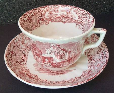 Abbey Red (Transferware, Scallop) Footed Cup & Saucer Set