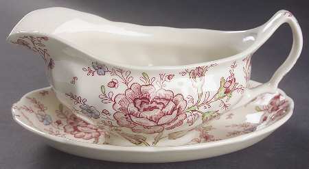 Rose Chintz Pink ("England 1883" Stamp) Gravy Boat & Underplate/Relish