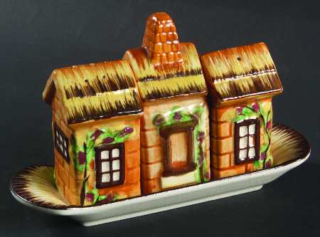 JAP722 (Square Cottage Shaped) 5-Piece Condiment Set (Salt, Pepr, Mustard & Tray)