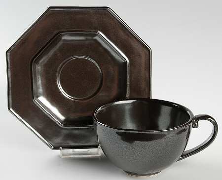 Pewter Stoneware Flat Cup & Saucer Set