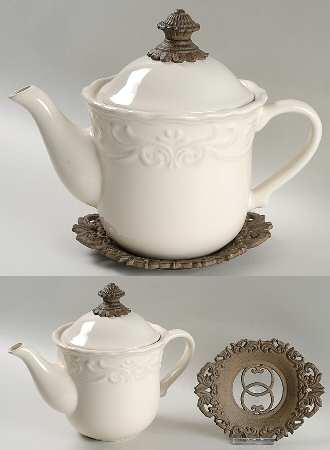 Corvella Ivory Tea Pot & Lid w/Metal Stand