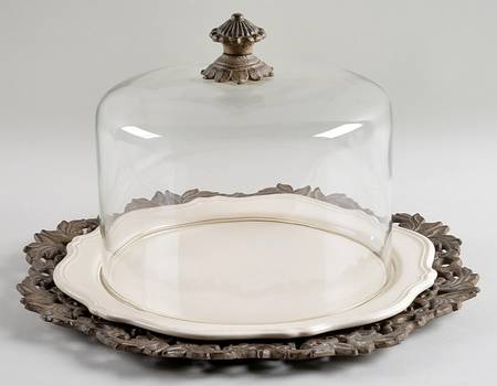 Corvella Ivory Cake Plate with Metal Pedestal & Glass Dome