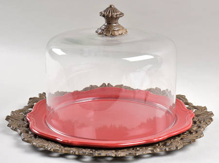 Corvella Red Cake Plate with Metal Pedestal & Glass Dome