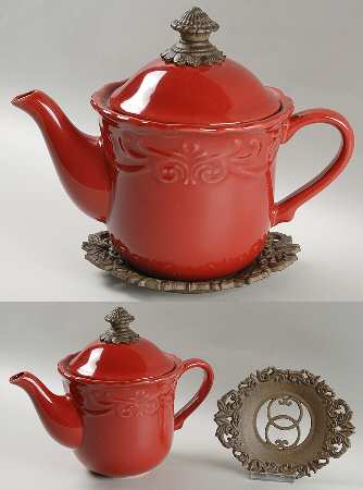Corvella Red Tea Pot & Lid w/Metal Stand