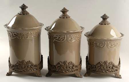 Corvella Taupe (3 Piece) Canister Set W/3 Metal Stands