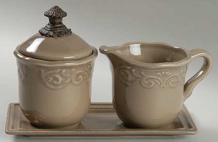Corvella Taupe Creamer & Sugar with Lid & Tray Set