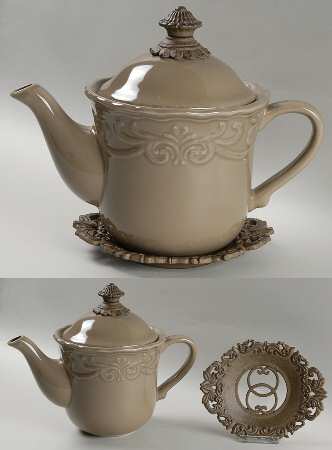 Corvella Taupe Tea Pot & Lid w/Metal Stand