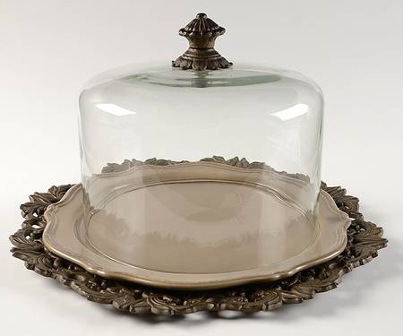 Corvella Taupe Cake Plate with Metal Pedestal & Glass Dome