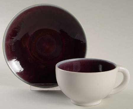 Tourron Eggplant and White Flat Cup & Saucer Set