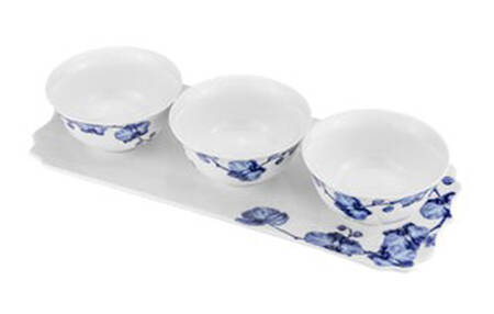 Blue Garden Dip Bowl Set-3 Bowls w/Tray