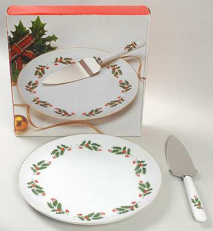 Christmas Holly (Smooth Edge) Cake Plate and Server (Boxed Set)