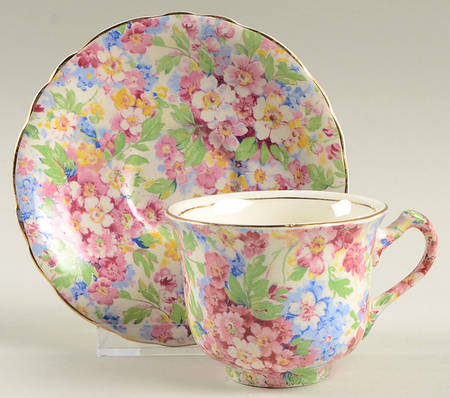 Apple Blossom Chintz Flat Demitasse Cup & Saucer Set