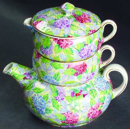 Hydrangea Yellow (Old, Yellow Background) Mini Teapot Stacking Set (Creamer, Sugar)