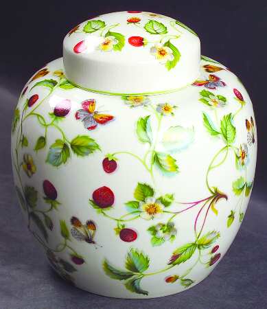Strawberry (Green Trim, Butterflies) Medium Ginger Jar & Lid