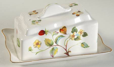 Strawberry (Green Trim, Butterflies) Cheese Dish with Lid (Wedge)