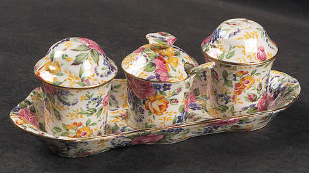 Rosalynde(Granville, New, Globestp) 5-Piece Condiment Set (Salt, Pepr, Mustard & Tray)